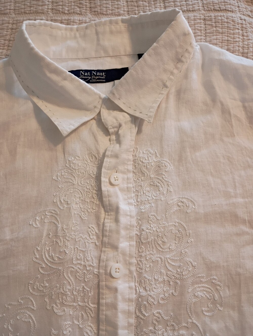 Nat Nast White Linen Embroidered Button-Down Shirt